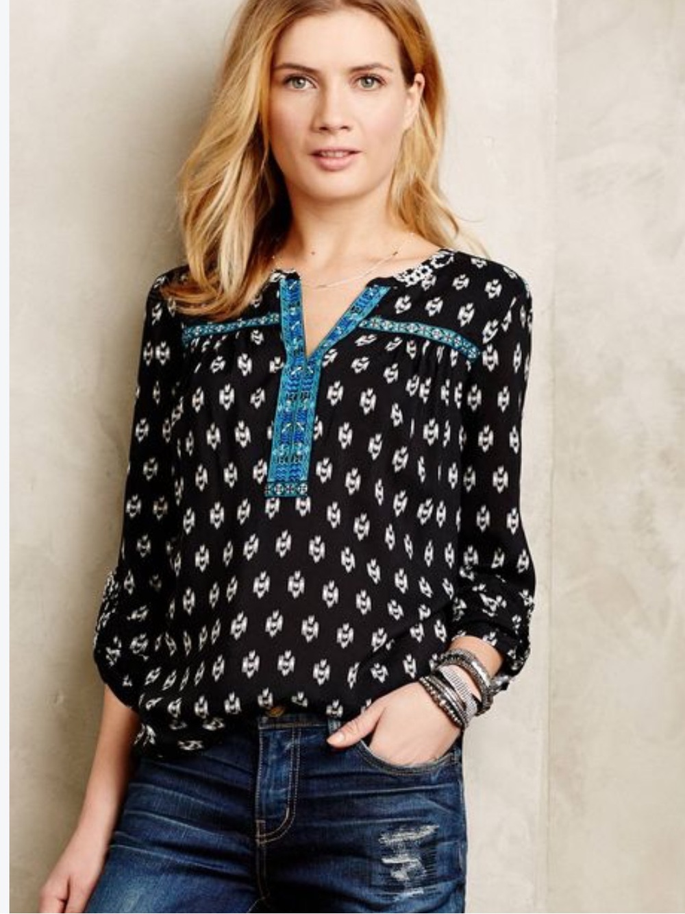 Anthropologie One September Black Mataura tunic Top Popover Roll Tab Sleeves
